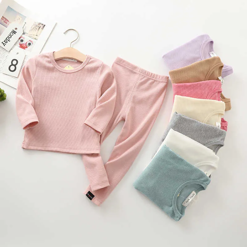 İlkbahar Sonbahar Güz Kış Erkek Kız Çocuklar Pamuk Giysileri Set Kaburga Kumaş Gömlek + Pantolon Çocuk Loungewear 211025
