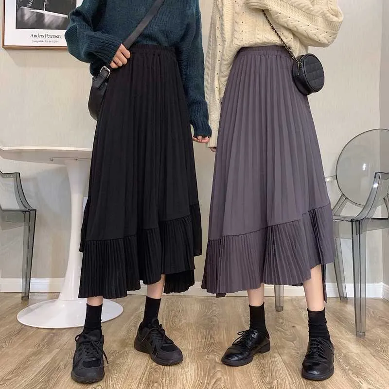 Faldas Mujer Moda Güz Kore Chic Ince Siyah Yüksek Bel Pileli Etekler Kadın Düzensiz Ruffles Gri Maxi Etek Vintage Gevşek 210610