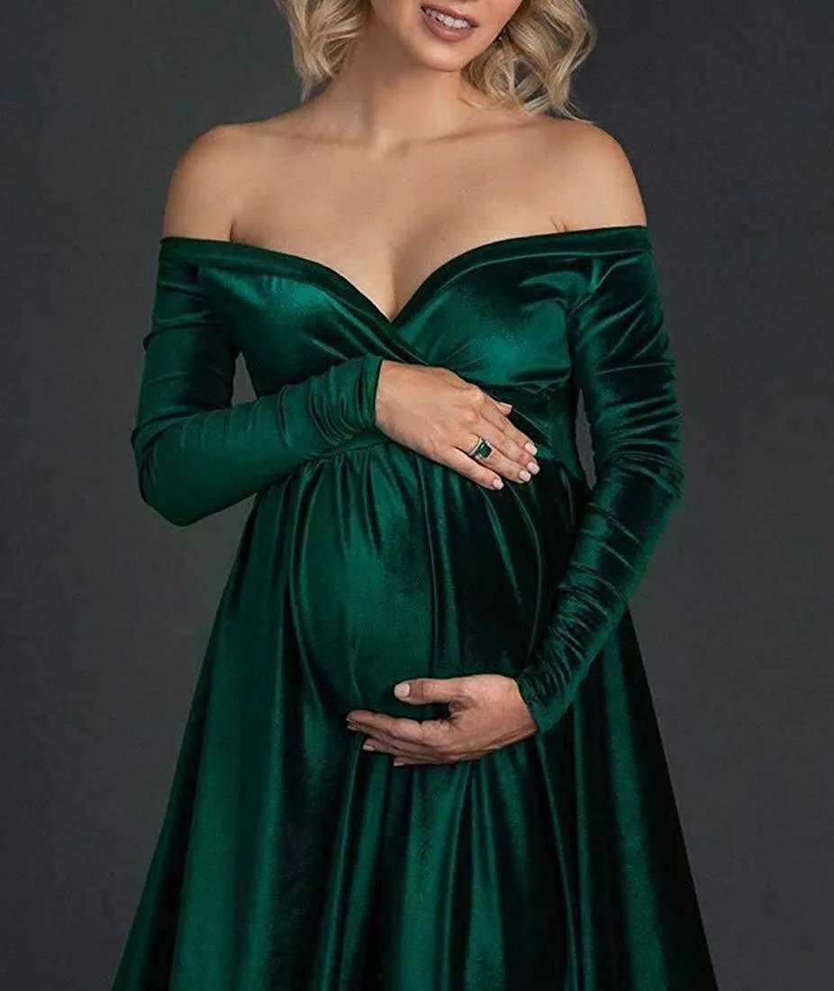 Moederschap jurken voor baby douches lange mouwen zwangere vrouwen fluwelen maxi jurk jurk sexy v-hals zwangerschap jurk voor foto shoot y0924