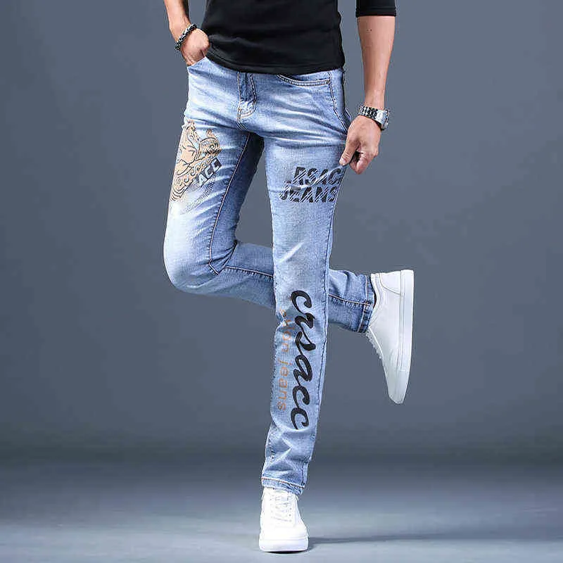 Mens Stylish Printing Denim Pants,Slim-fit Washed Casual Jeans,High Quality Elastic Denim Jeans,Young Boys Fashion Must; 211120
