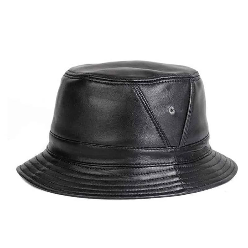 Man Real Leather Fitted Flat Bucket Hats Male Outdoor Potted Short Brim Black/Brown Hip Pop Gorras Elderly Fishing Cap