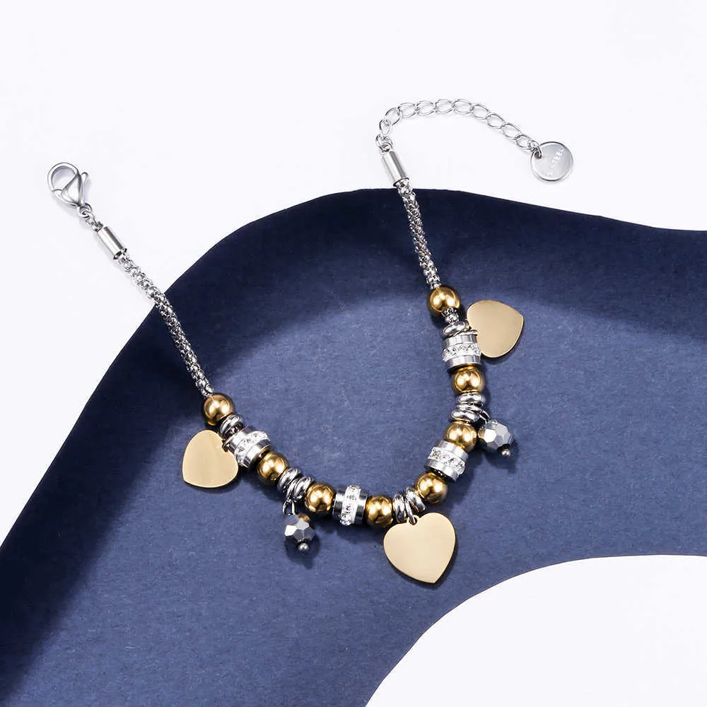 Love Charm Gold Bracelets Mode Métal Perlé Cristal En Acier Inoxydable Pulsera Coeur Bracelet Bijoux pour Femmes Filles Cadeaux Q0719