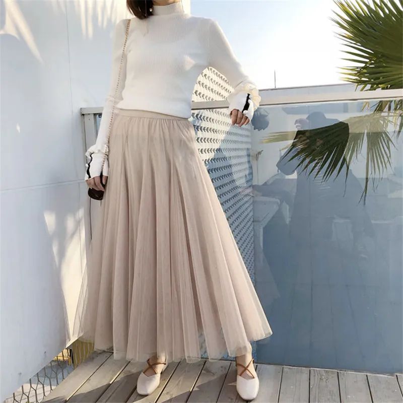 Plus Taille Taille Haute Tulle Jupes Femmes Longue Plissée Noir Rose Élégant Maxi Femelle Printemps Été Coréen Maille 210421