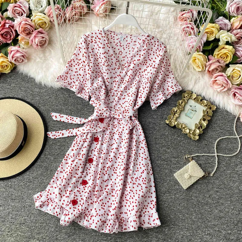 Korean Red elegant sexy Dress women summer beach V-neck print mini dress waist ruffles chffion dress vestidos 210514