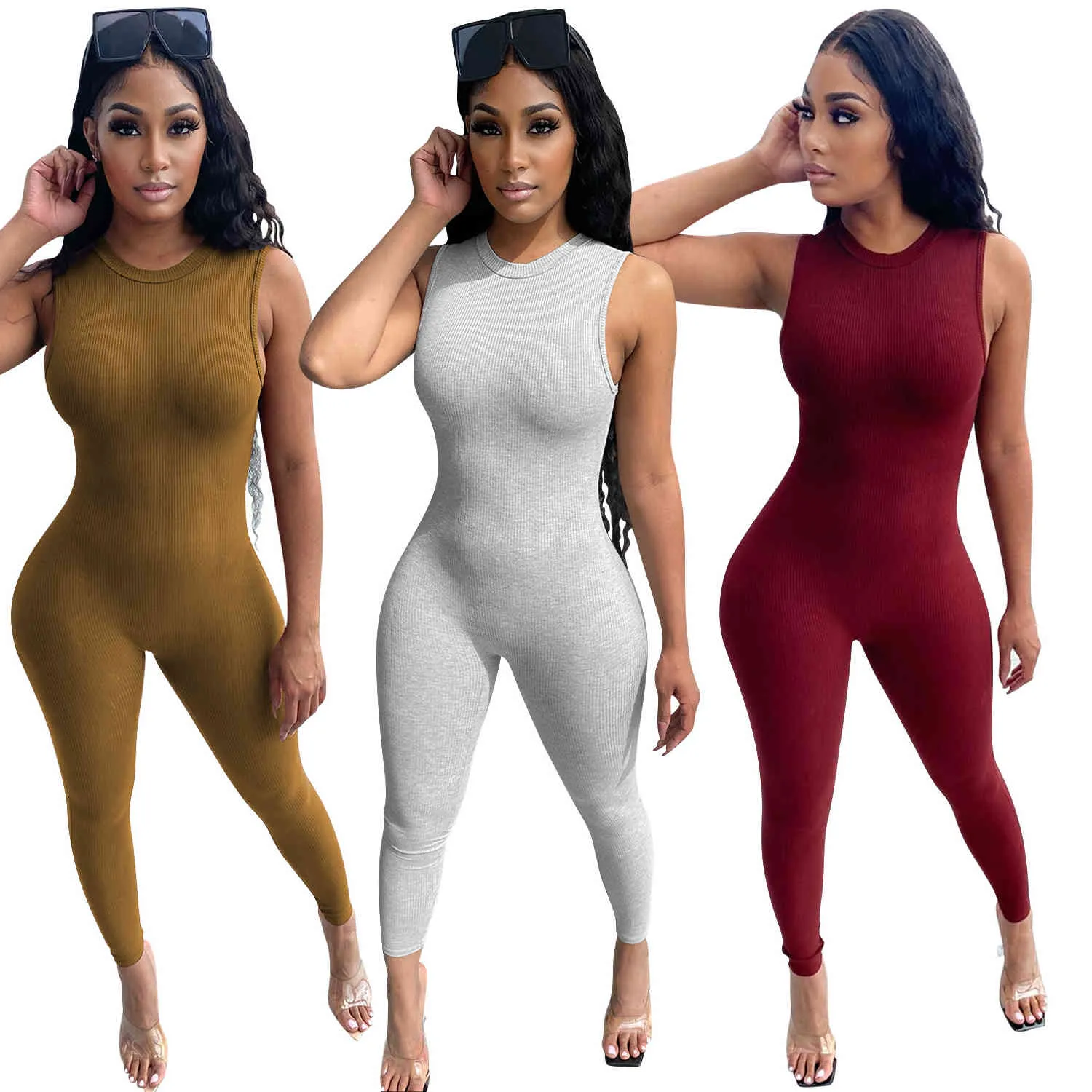 Mulheres Sólida O Pescoço Malha Slim Romper Sexy Sem Mangas Bodycon Fitness Club Outfits Escritório Senhora Basic Party Jumpsuit 210517