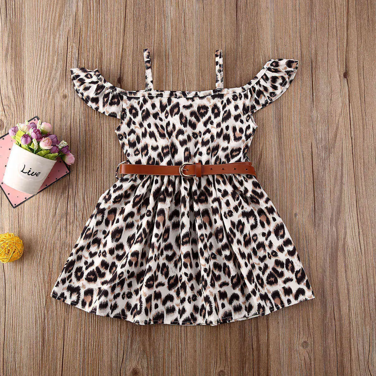 1-6Y Sommer Mode Infant Baby Mädchen Kleid + Gürtel Leopard Print Off Schulter Knielangen A-Line Kleid 1-6Y Q0716