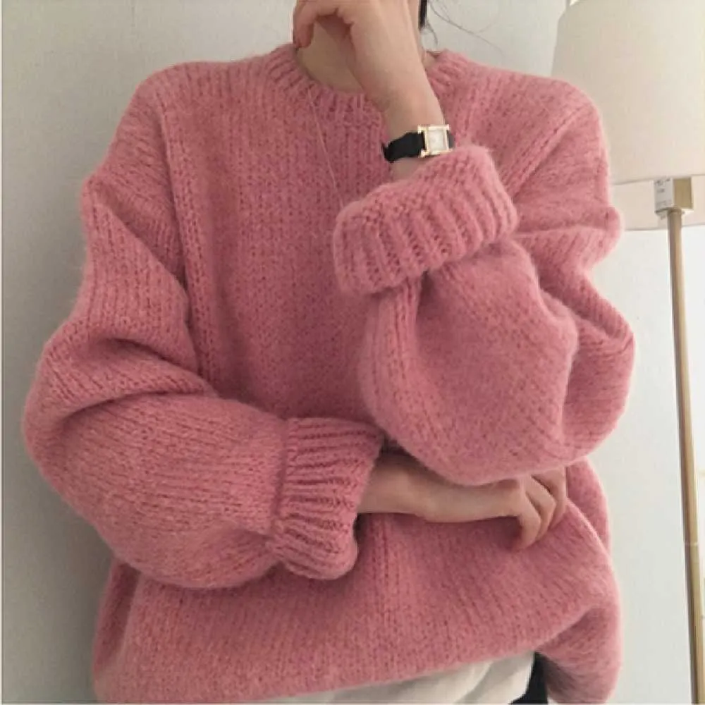 10 färger rosa kvinnor tröja pullover kvinnlig stickning overzie långärmad lös stickad ytterkläder kvinnors vinter tröjor 210908