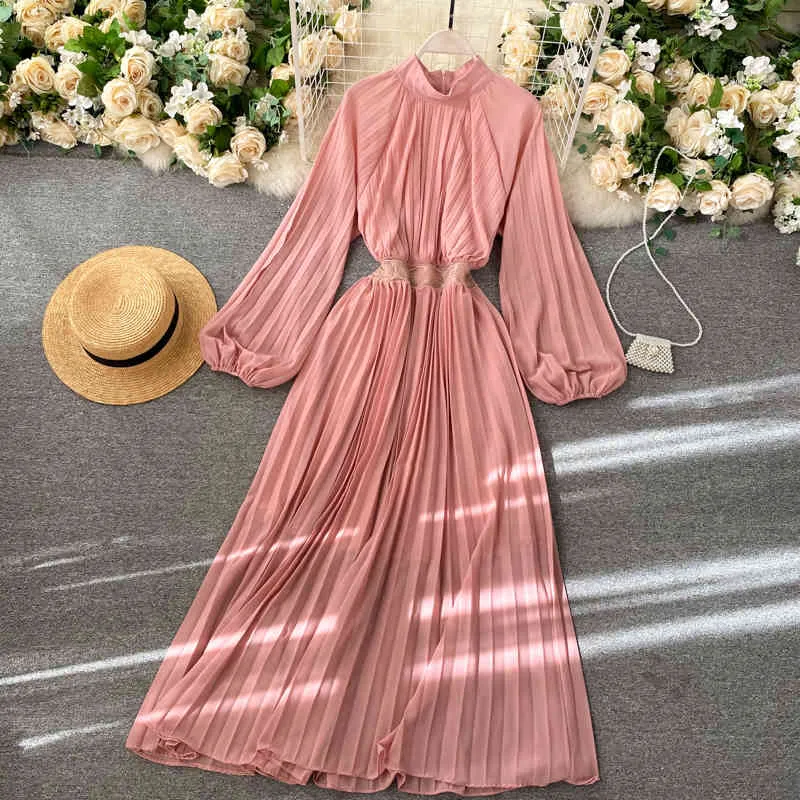 Frauen Französisch Plissee Maxi Kleid Elegante Solide Puff Sleeve A-linie Büro Kleider Herbst Koreanische Streetwear Lange Kleid 210419