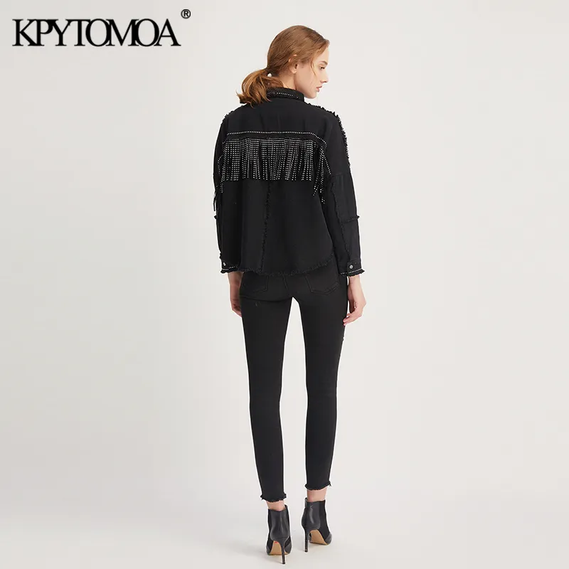 KPYTOMOA Moda Donna Nappa in rilievo Giacca di jeans oversize Cappotto Vintage Manica lunga Orlo sfilacciato Capispalla femminile Chic Top