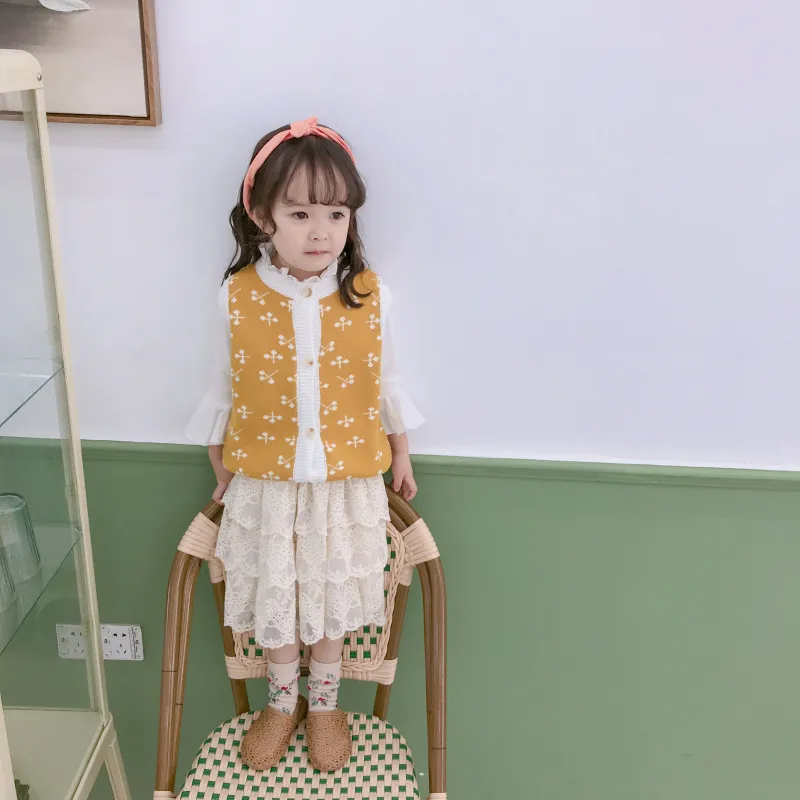 Koreanska stil mode tjejer spets prinsessan kjolar baby söt blommig broderi skiktad kjol tiered 210508