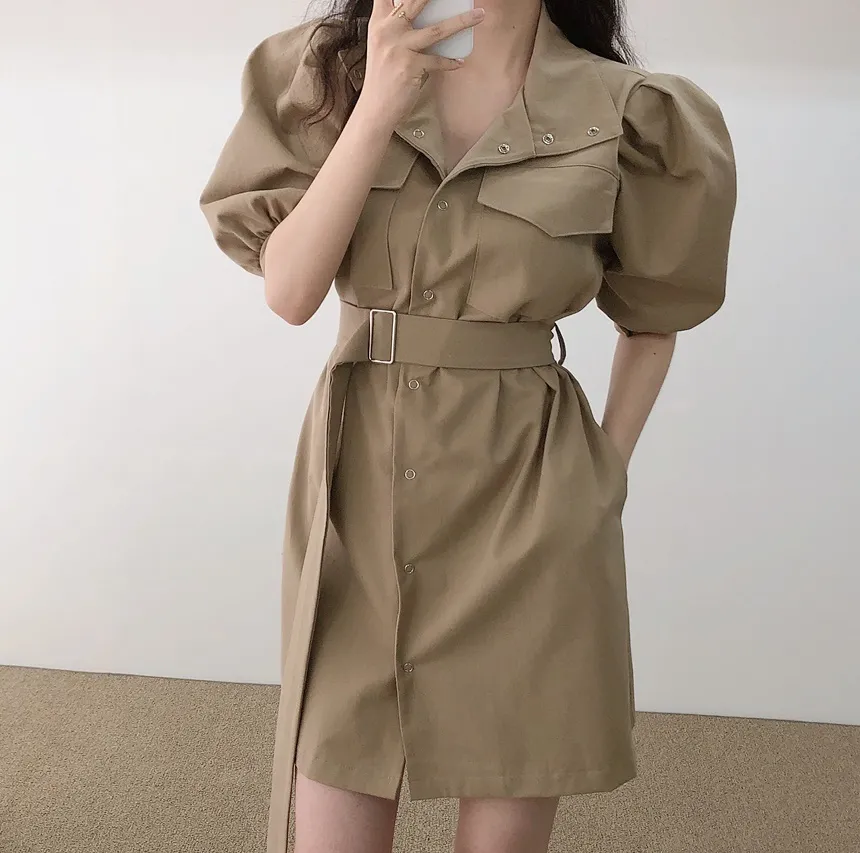 Summer Casual Women's Vintage Dress Robe Solid Color Lapel Waist Puff Sleeve Tooling With Belt Female Korean Clothing 210514