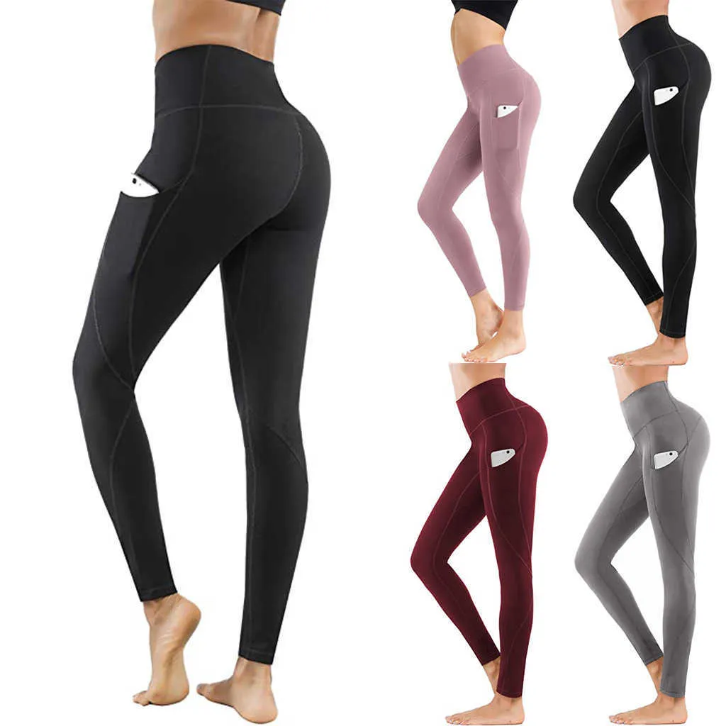 Frühling Hohe Taille Taschen Nähen Bodybuilding Jeggings für Frauen Sommer Polyester Palestra Übung Fitness Push-Up-Leggings 210604