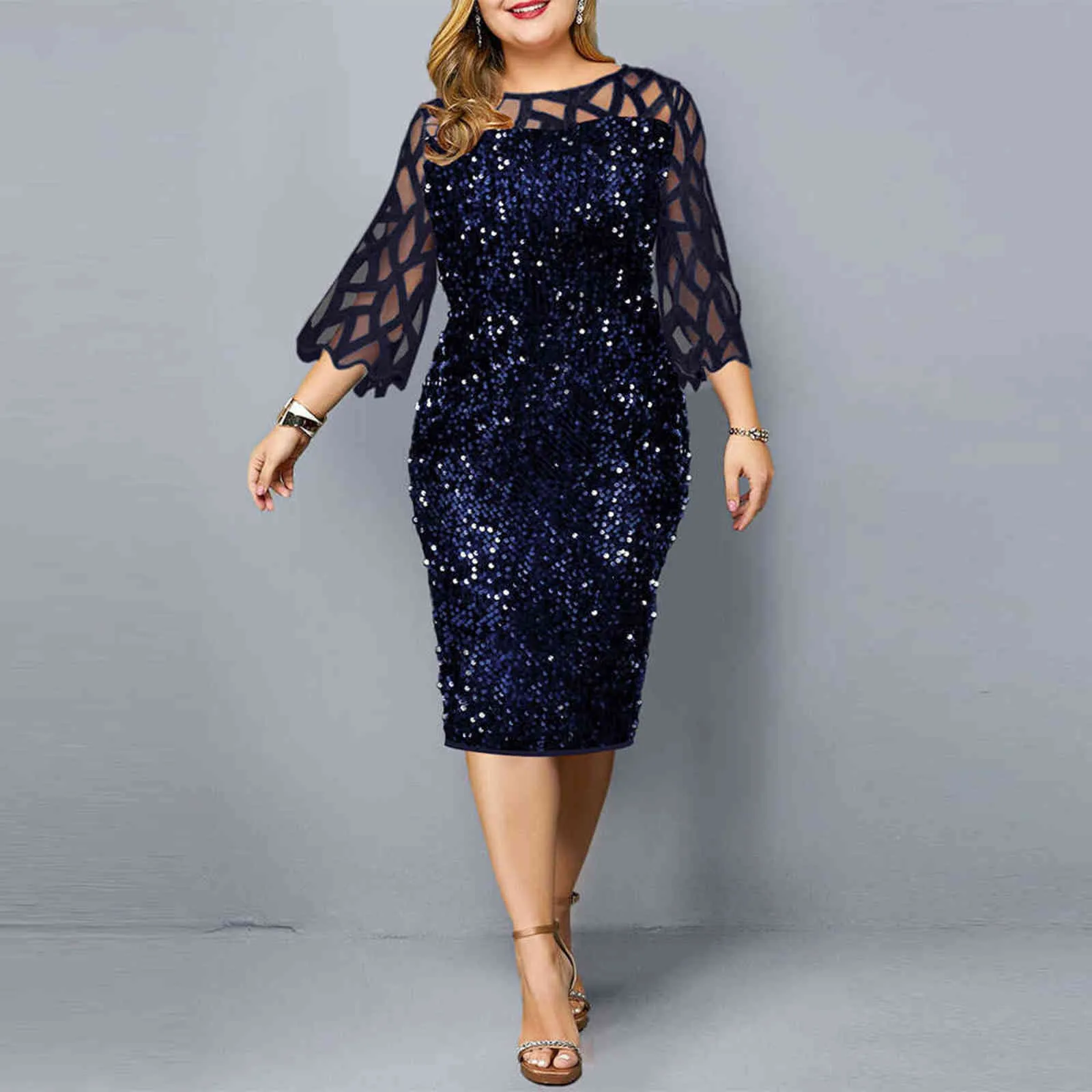 Party Dress Plus Size Ladies Midi Cekiny Siatki Z Długim Rękawem Koronki Eleganckie Bodycon XL-4XL 5XL Suknie Wieczorowe Kobiety Lato 211028