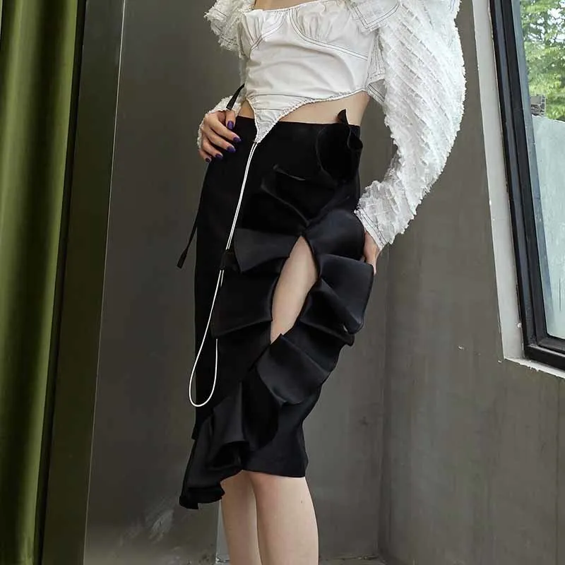 Jupe sexy en patchwork noir pour femmes, taille haute, solide, ajourée, longueur au genou, vêtements d'été 210521