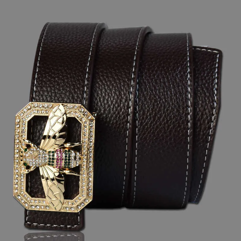 Lyxmärke Bälten för män Kvinnor Unisex Fashion Shiny Bee Design Buckle Högkvalitativ midja Shaper Leather Belts X0726