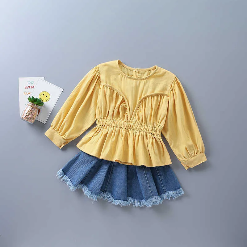 2-7年高品質の女の子服セット秋のカジュアルなティアリングRuchedソリッドシャツ+短いデニムスカート子供Clot 210615