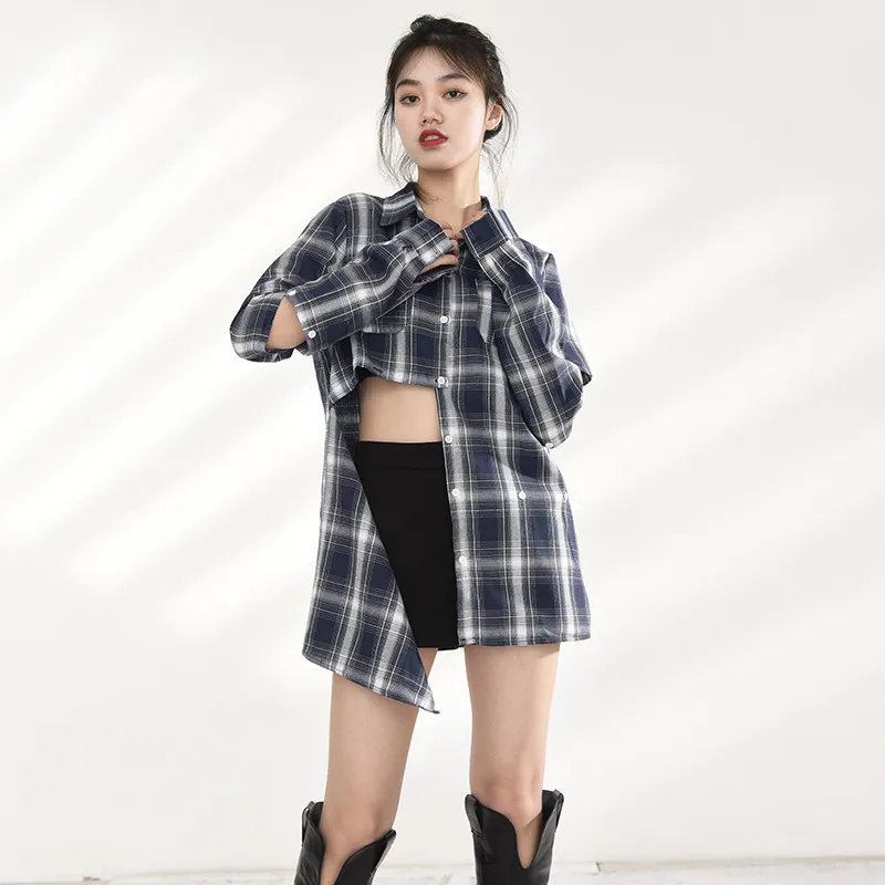 Mode Vintage Plaid manches détachables femmes Blouse coréenne lâche protection solaire manteau chic bouton irrégulier conception chemises 210519