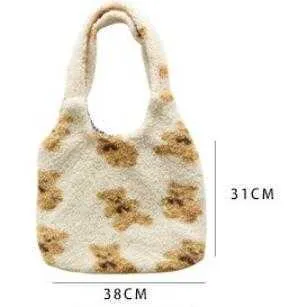 Women Lamb Like Fabric Shoulder Tote Bag Canvas Fluffy Fur Bear Handbags Large Capacity Soft Shopping s Girls Cute School