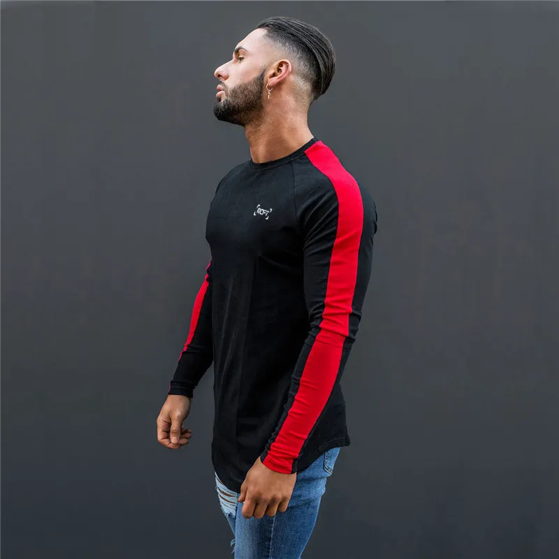 Brand New Autunno Cuciture T-shirt a maniche lunghe da uomo in cotone O Collo T-shirt fitness Solid Hip Hop Streetwear Uomo Slim Fit Tshirt 210421