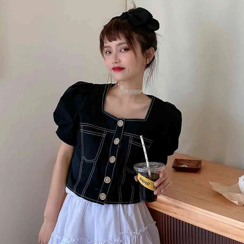 Ezgaga Chic Frauen Bluse Dünne Puff Kurzarm Sommer Neue Vintage Quadrat Kragen Koreanische Mode Crop Tops Einreiher Casual 210430