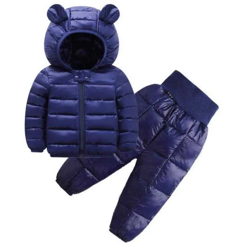2019 Vinter Varma Barnkläder Satser Baby Girl Down Bomullrockar Snowsuit Kids Skiddräkt Set Boy's Hooded Jackor + Pants1-5Y X0902