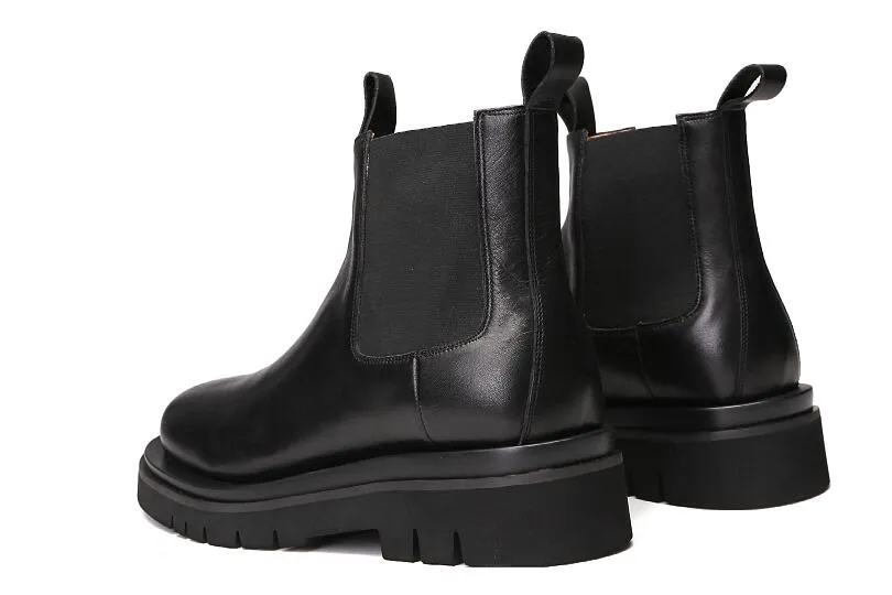 الشتاء الأسود الرجال الأحذية جودة عالية تشيلسي الأحذية اليدوية الانزلاق على أحذية جلد طبيعي الكاحل للرجال