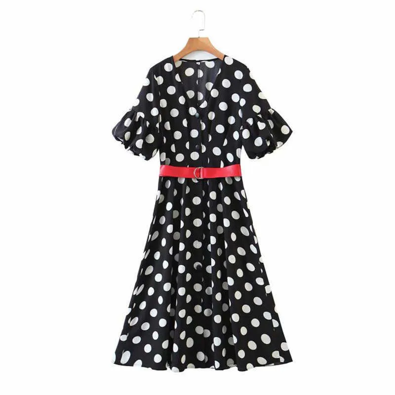 Za Polka Dot Ceinture Robe Midi Femmes Col En V À Manches Courtes Ballon Femme Élégant Bureau Robe D'été Bouton Avant Robes Décontractées 210602