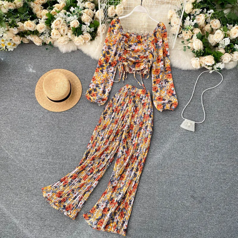 Women Autumn Boho Floral Set Puff Sleeve Drawstring Ruched Tops+High Waist Pleated Wide Leg Long Pants Two Pieces Set 210419