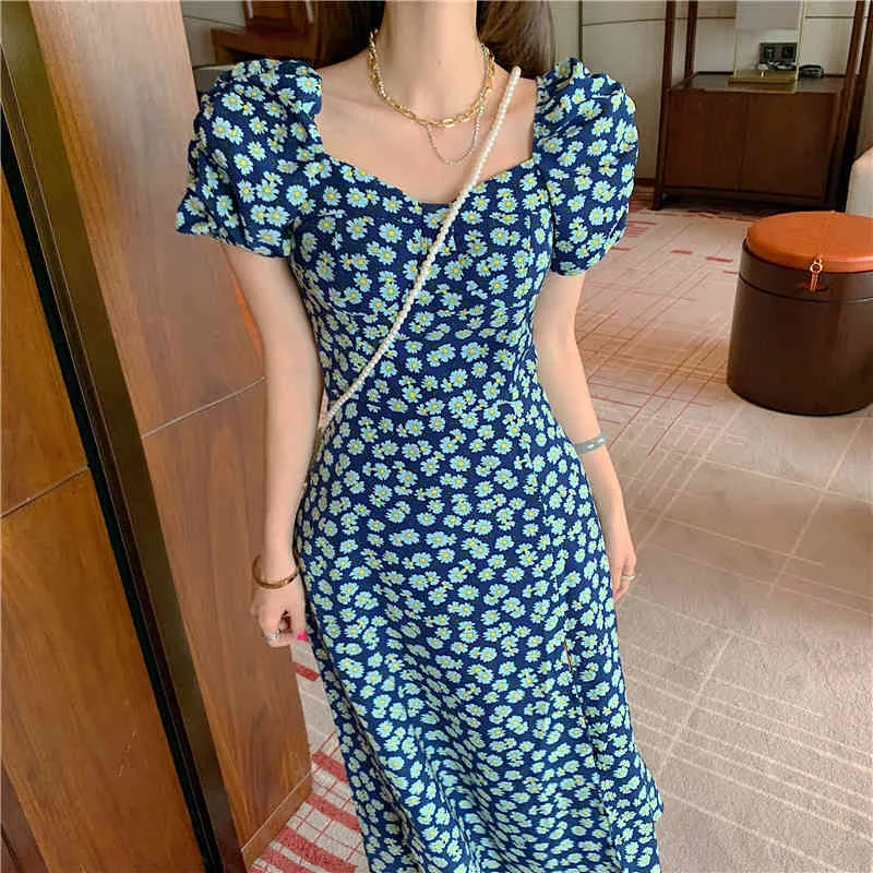 Summer Elegant Women's Midi Dress Korean Clothing Femme Robe Short-Sleeved Floral Split Chiffon Sundress 210514