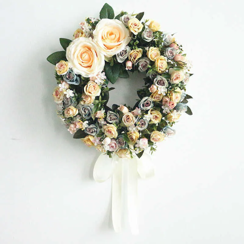 Flone Aritificial Door Knocker Simulation Silk Rose Flowers Wreath Foam Straw Garland For Wedding Home Party decoration (8)