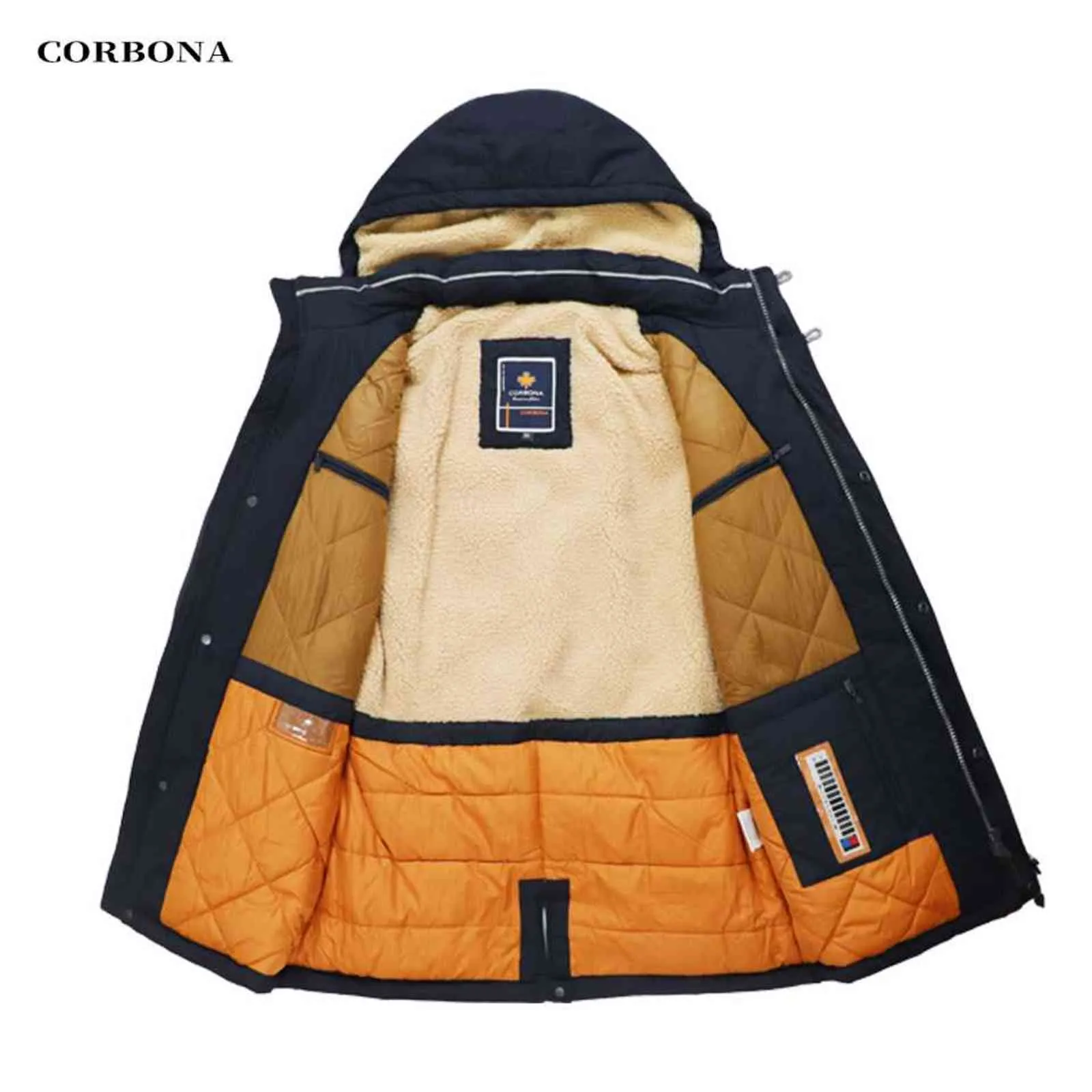 Corbona高品質の暖かい綿の服メンズジャケットビジネスカジュアルミッドレングスファッションの厚いコートラムウール帽子211103
