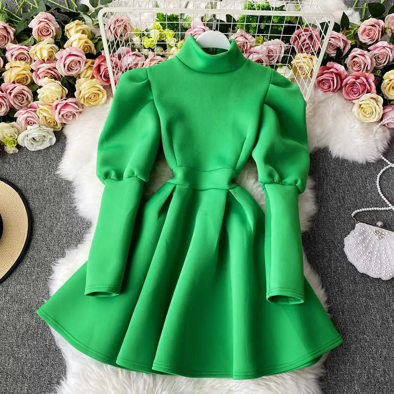 Sukienki Jesień Wysoka talia Czerwony Duży Huśtawka Puff Długi Rękaw Turtleneck Sukienka Kobiety Dzikie Przypadkowe Retro Moda Vestidos Solid 210610