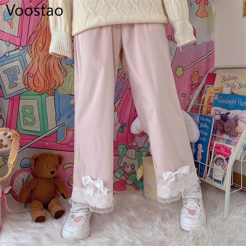 Autumn Japanese Women Sweet Lolita Style Lace Bow Corduroy Wide Leg Pants Girls Harajuku Casual Loose Sweatpants Kawaii TrousersCX220310