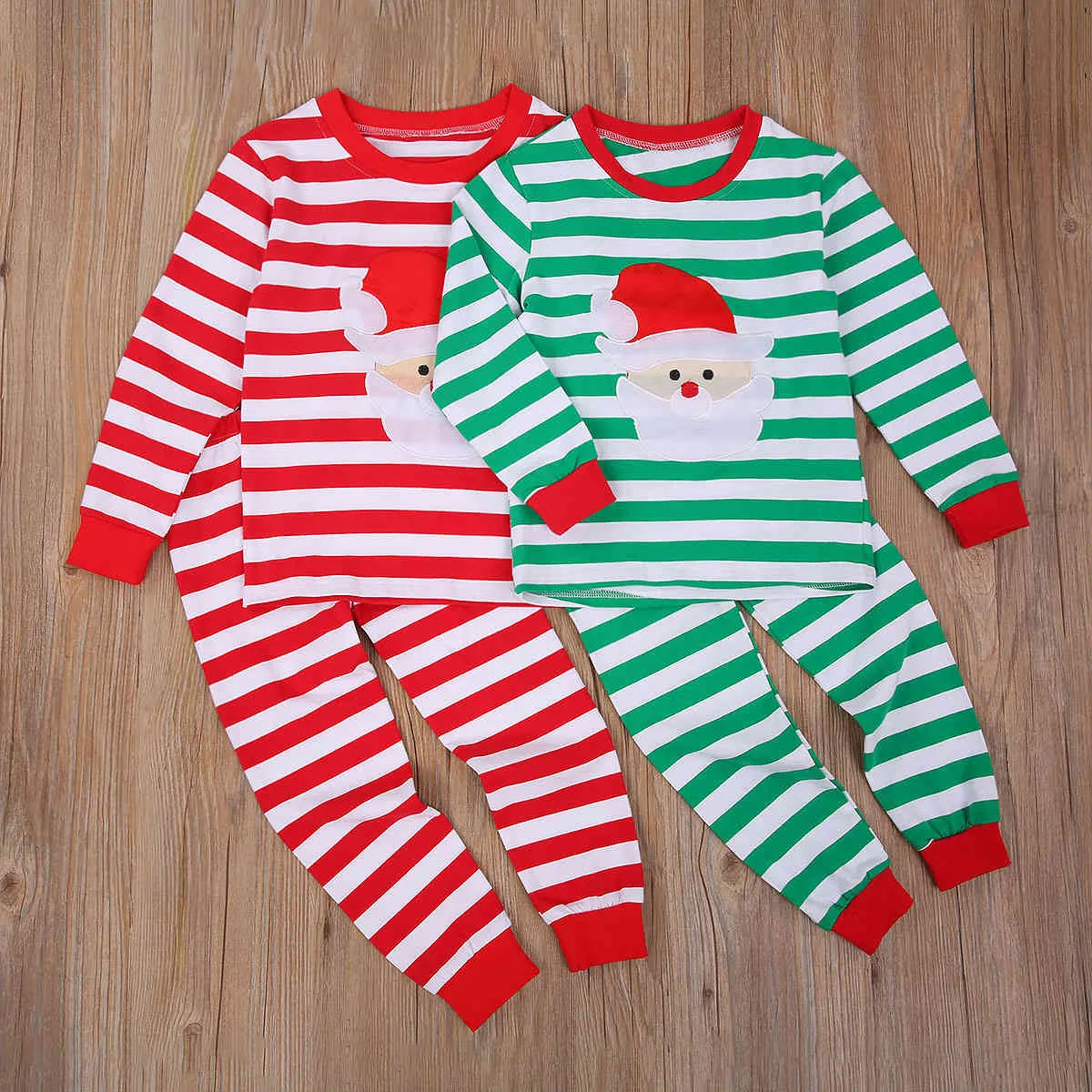 6m-5y Christmas Toddler Kid Baby Boy Girl Pajama Set Red Green Striped Cartoon Santa Outfits Xmas Kostymer 210515