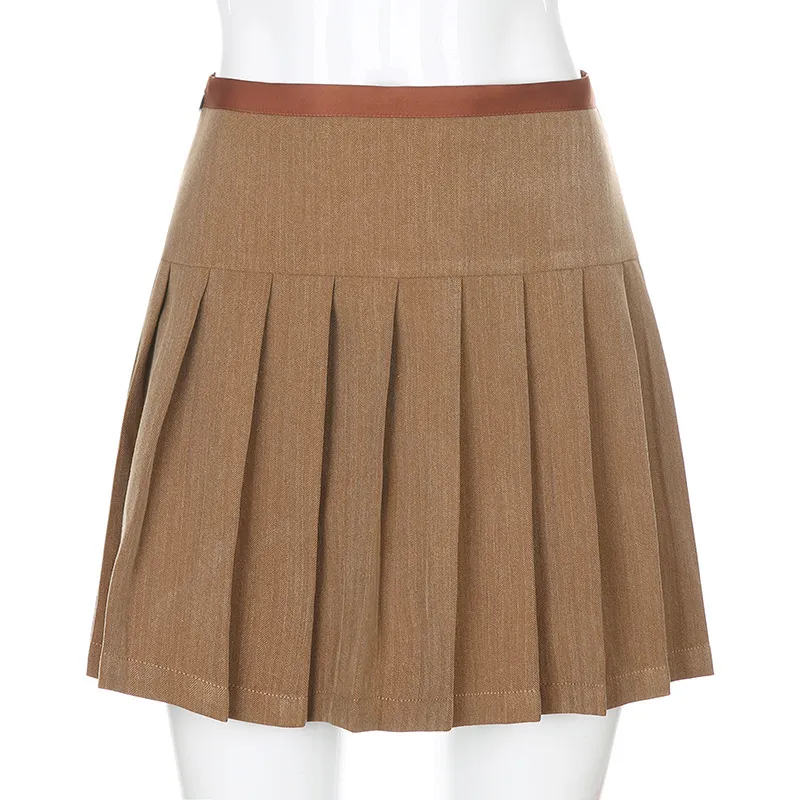 Koreanska modepläterade kjolar för kvinnor Preppy Style Tie Up Bandage High Waist Casual 90s Mini Skirt Spring Streetwear 210517