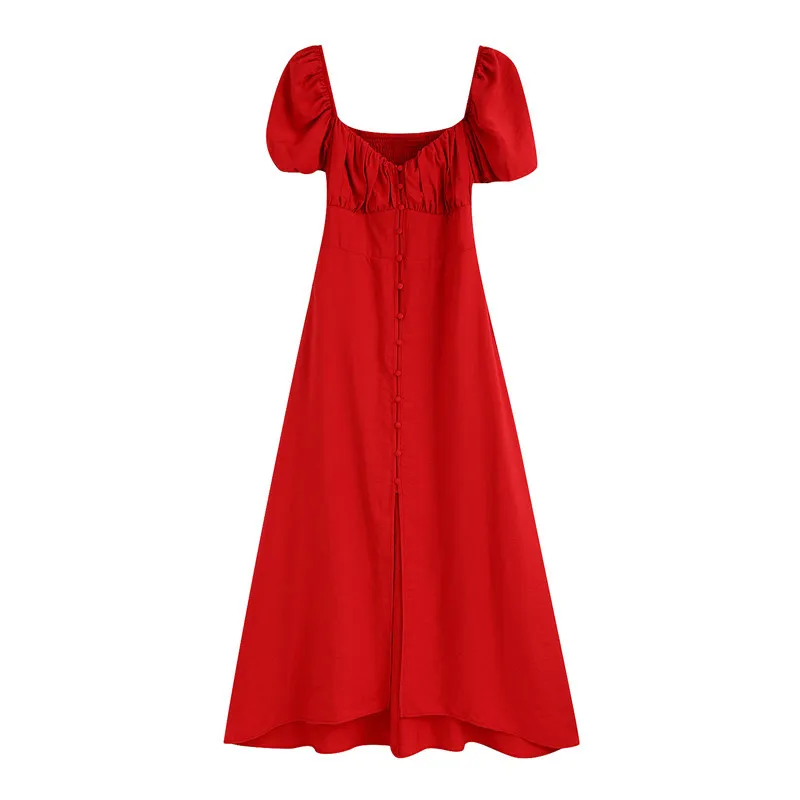 Élégant Chic Simple-Breasted Midi Robe Femmes Manches Bouffantes Dos Élastique Femme es Rouge Parti Robes Mujer 210430