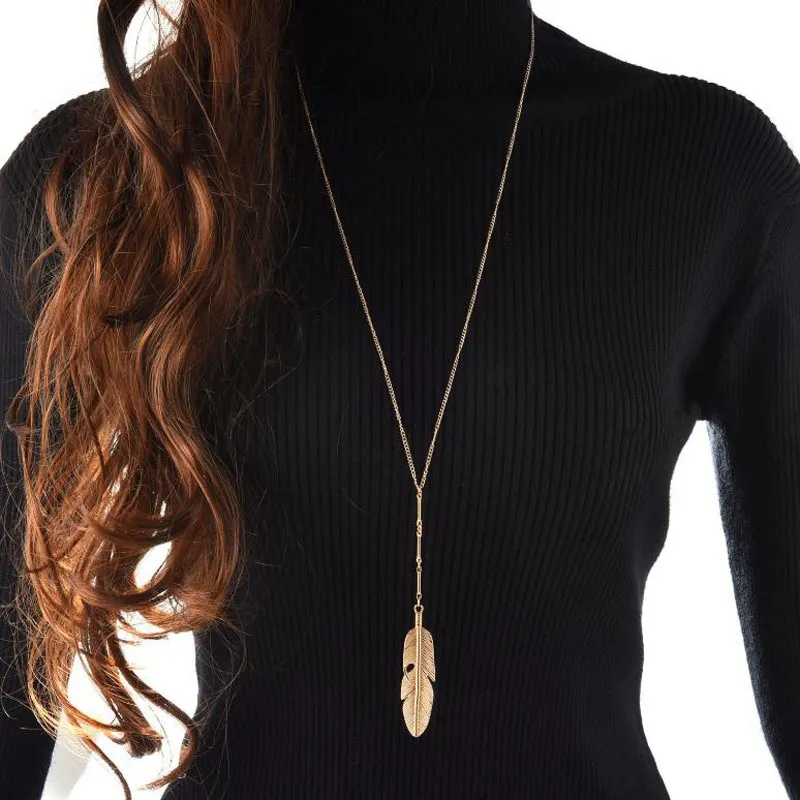 Simple or pendentif plume collier pour femmes Vintage Long chandail chaîne feuille femme collier femme collier bijoux