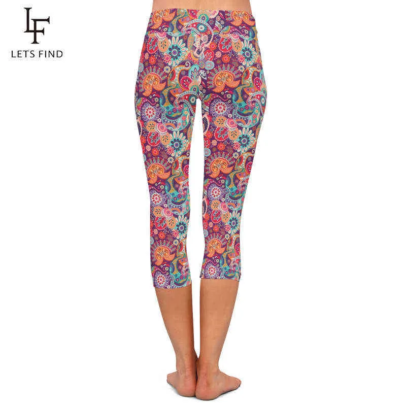 LETSFIND Moda Donna Leggings casual a vita alta 3D fiori di anacardi Stampa digitale Plus Size a metà polpaccio 3/4 elasticizzato 211204