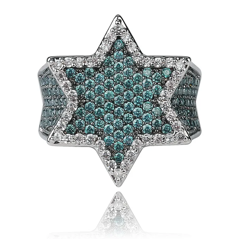 Nueva estrella hexagonal color plata azul helado circón cúbico con piedras laterales anillos micro pavimentado diamante joyería de hip hop para regalos282c