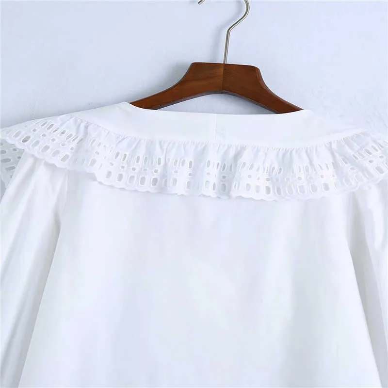 ZA Camicia bianca ricamata doppio petto da donna manica lunga a sbuffo vintage top estivi donna camicetta ricamata 210602