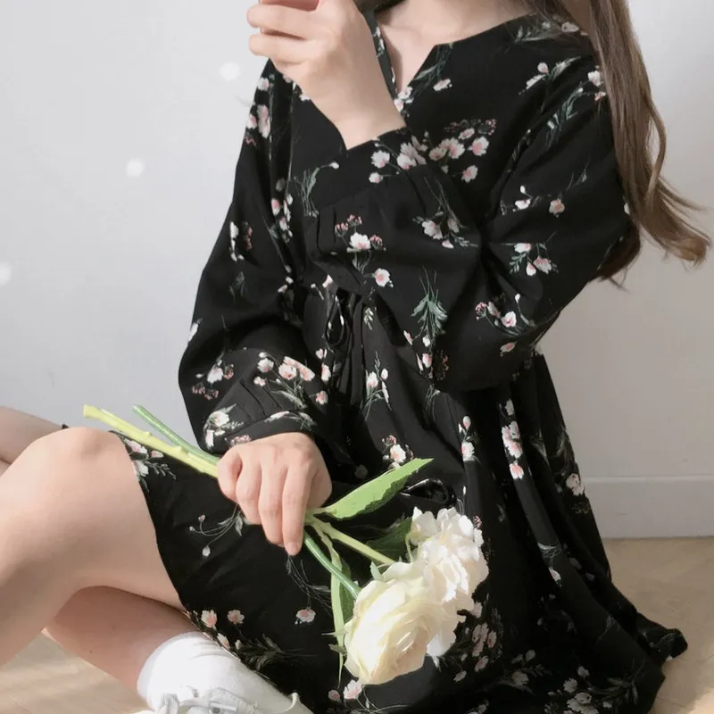 Abiti in chiffon floreale dolce coreano primavera mini abiti a-line a vita alta chic stampa abito moda donna 15661 210415