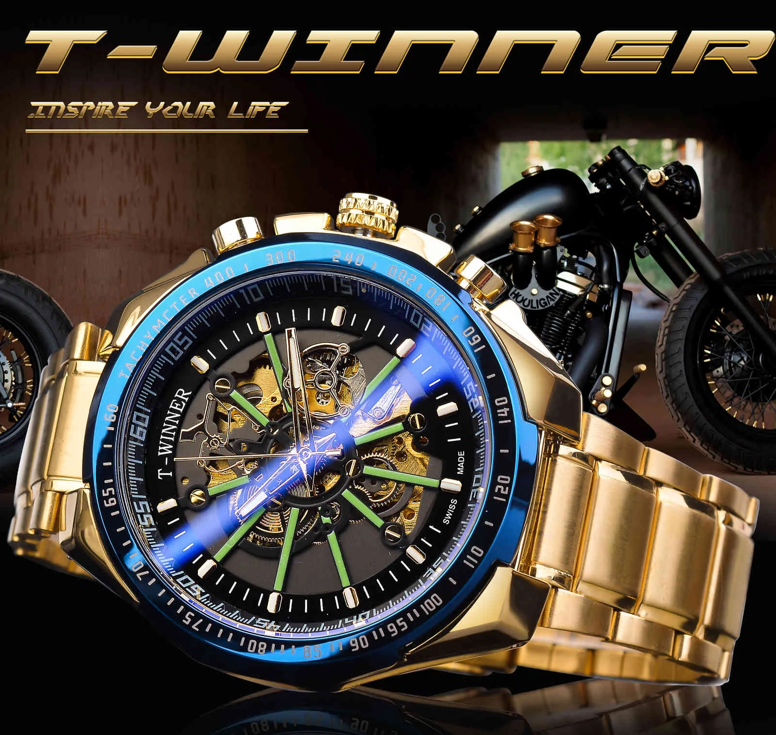 Vincitore Luce blu Vetro Nuovi orologi da uomo di moda Nero dorato Acciaio inossidabile Impermeabile Sport Orologio automatico Orologio luminoso292Z