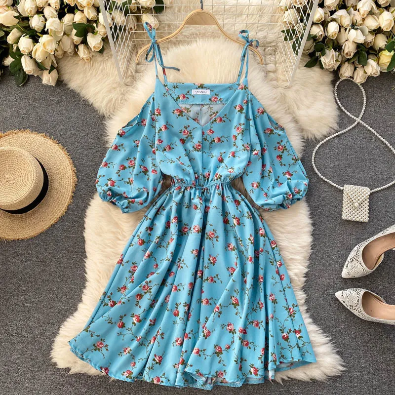 Summer Sweet cute floral print dress V-neck sexy strapless puff sleeve waist slim fashion suspender beach vestidos 210420
