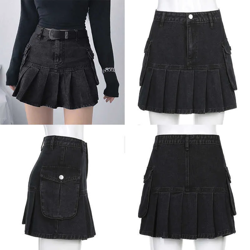 Vintage Y2K plisowane dżinsowe spódnice kobiety ciemne akademickie spódnice mody GOTH Black High Tase Spódnica 90S Koreańskie kieszenie CuteAndpscho Y0824