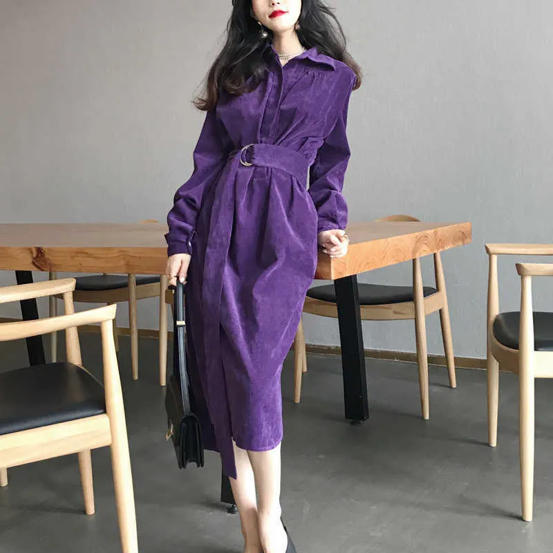 PERHAPS U Khaki Purple Turn Down Collar Corduroy Long Sleeve Sash Knee Length Dress Elegant Winter Autumn Fall D0860 210529