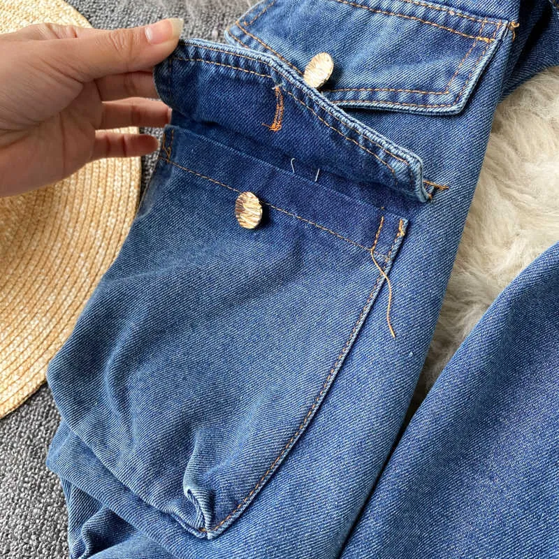 Frauen Denim Hemd Frühling Mode Revers Kragen Volle Hülse Einreiher Taschen Weibliche Lange Jeans Top mit Gürtel 210603