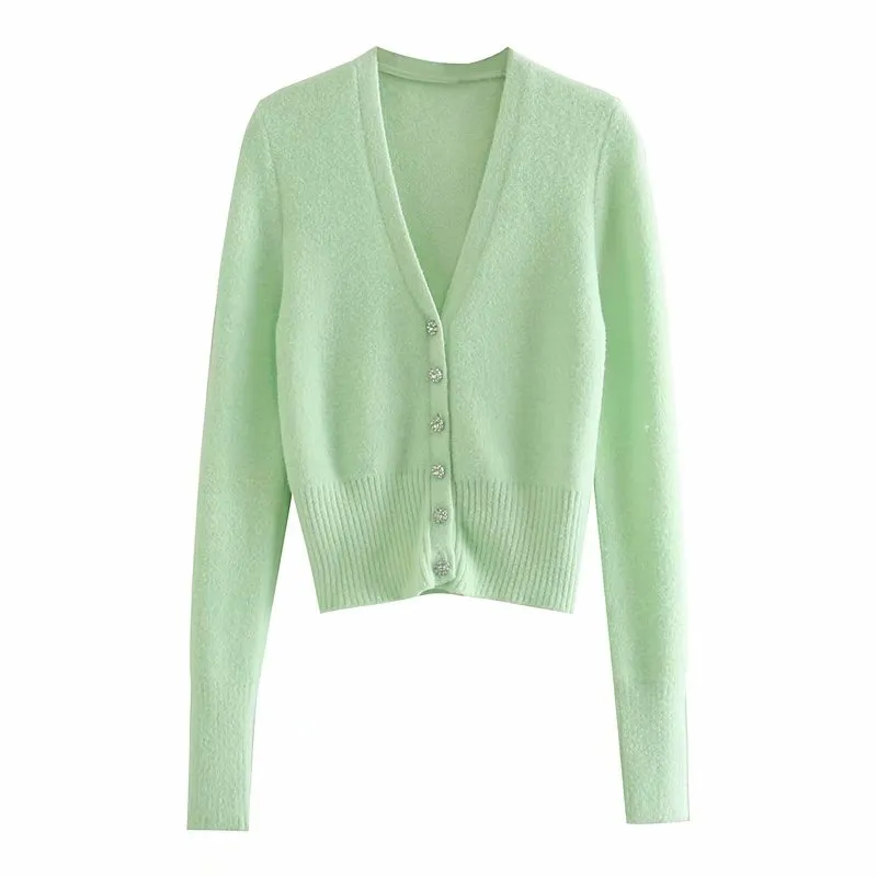 Casual Woman V Neck Diamant Knapp Strikkad Cardigan Spring Fashion Ladies Light Green Soft Knitwear Grils Sweet Sweaters 210515