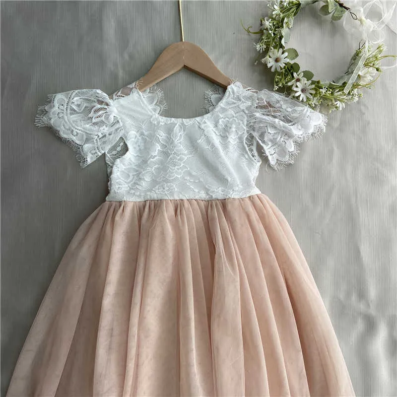 Teenager Girls Eyelas Lace Wedding Dress For Kids Elegant Champagne color Long Tulle Bride Costume 210529