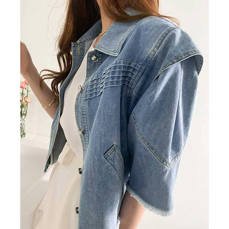 Korejpaa Kvinnor Jackor Sommar Koreanska Chic Ladies Vintage Lapel Pläterad Single-breasted Design Loose Fringed Denim Jacka 210526