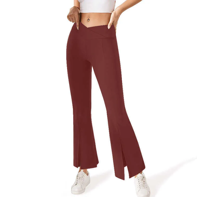 Pantalon évasé fendu de Yoga Leggings pour femmes taille en V fendu sans poche taille haute élastique fermeture du ventre pantalon de danse pantalons